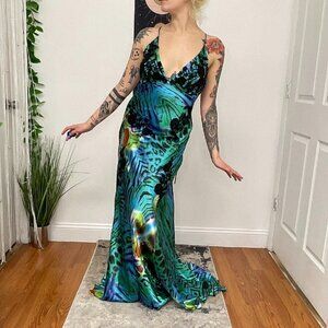 Y2k silky Niki Animal Print Halter Maxi Dress Sleeveless Size 12 Green/Blue